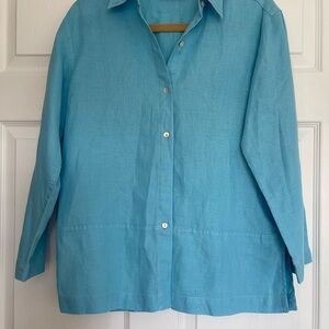 Kate Hill Long Sleeve Top, Layering button up‎ 100% Linen Sz PS Blue.